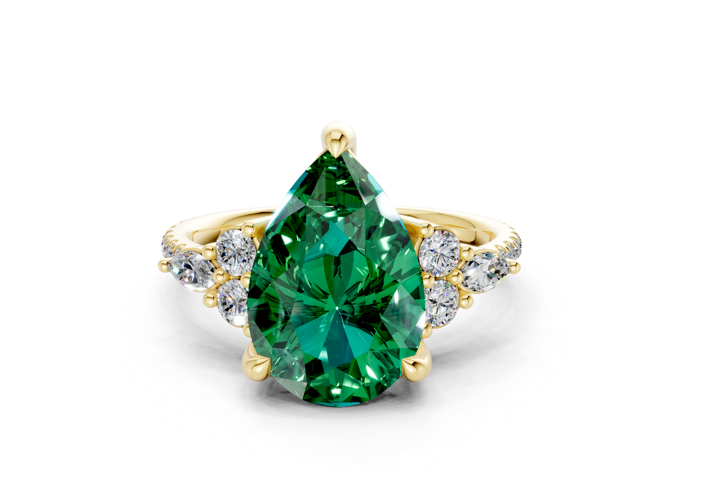 Zephyrine Emerald Gemstone Accent Pear Cut 1.9mm Engagement Ring