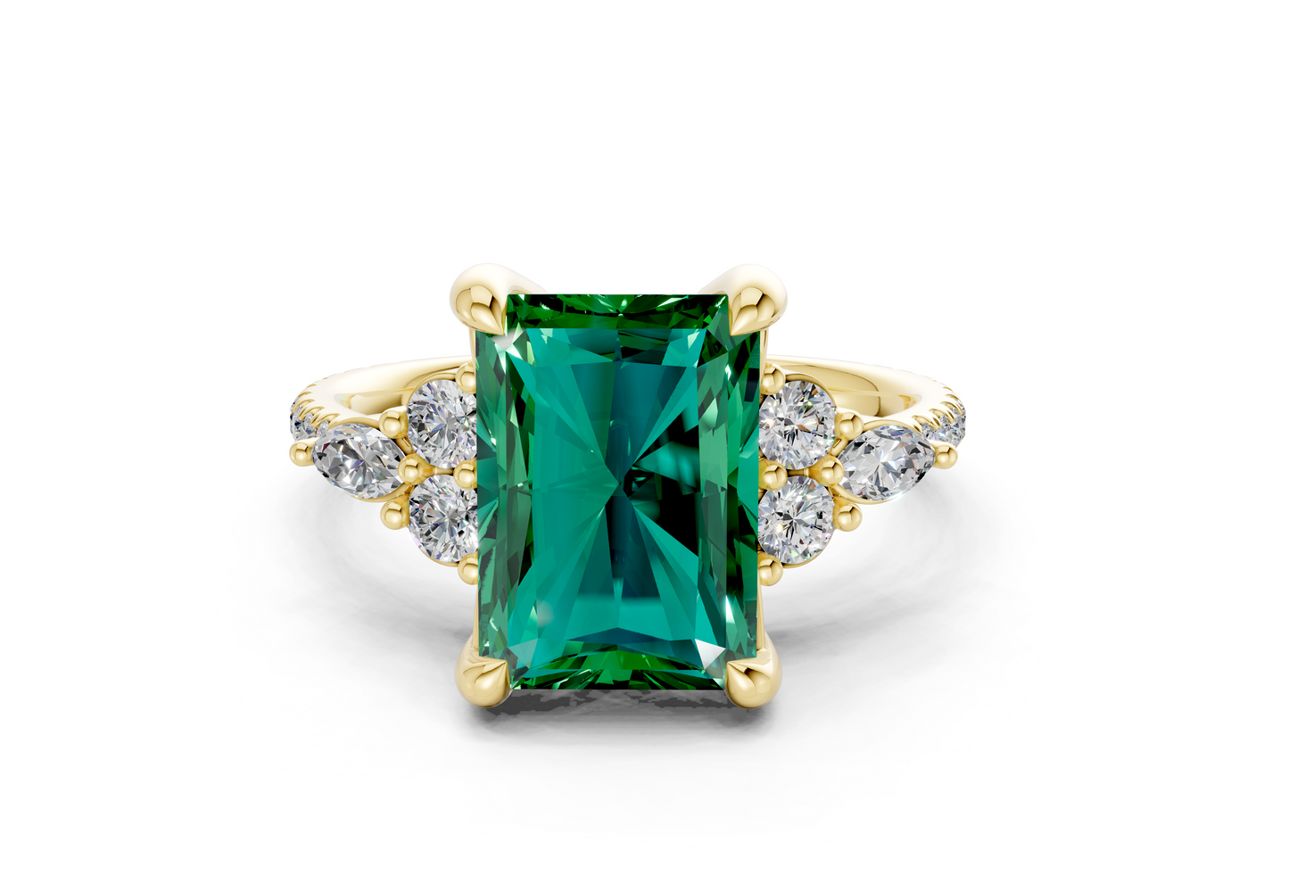 Zephyrine Emerald Gemstone Accent Radiant Cut 1.9mm Engagement Ring