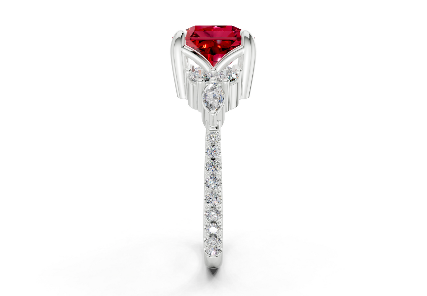 Zephyrine Ruby Gemstone Accent Radiant Square Cut 1.9mm Engagement Ring