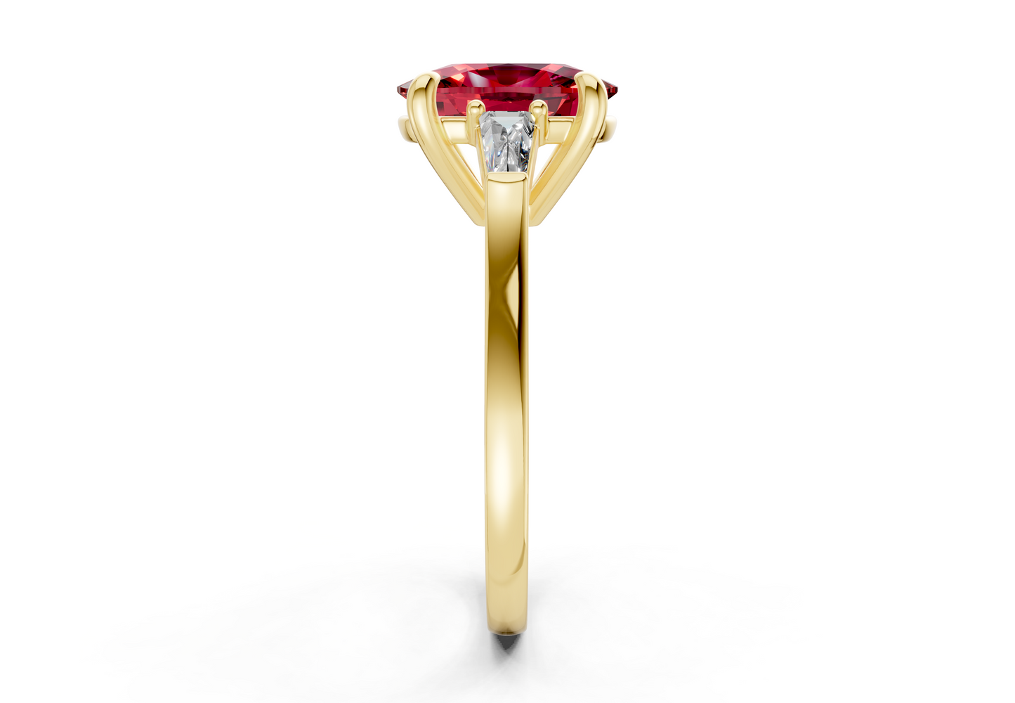 Isla Ruby Gemstone Three Stone Elongated Cushion Cut 1.8mm Engagement Ring
