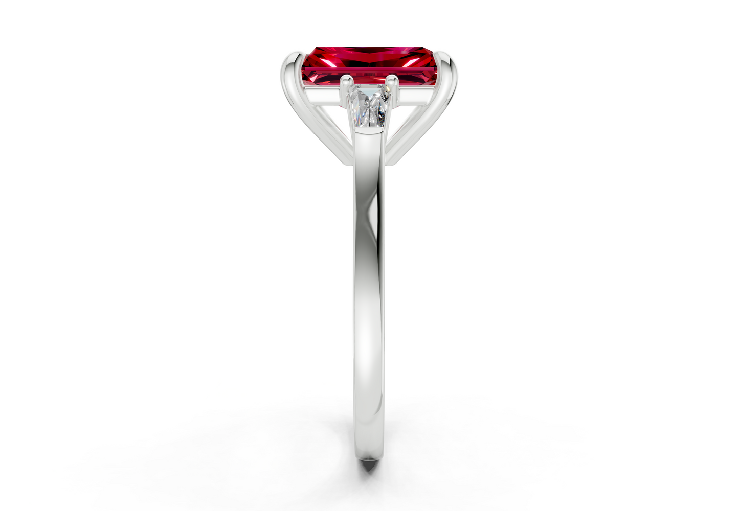 Isla Ruby Gemstone Three Stone Radiant Cut 1.8mm Engagement Ring