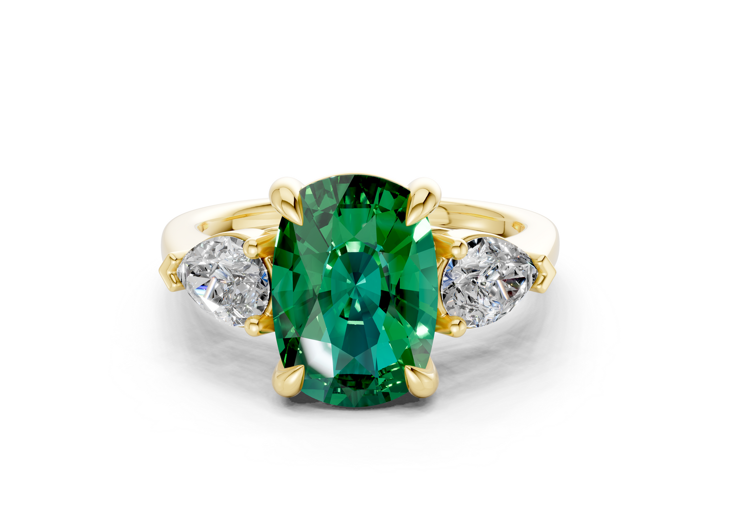 Vine Emerald Gemstone Three Stone Elongated Cushion Cut 1.8mm Engagement Ring