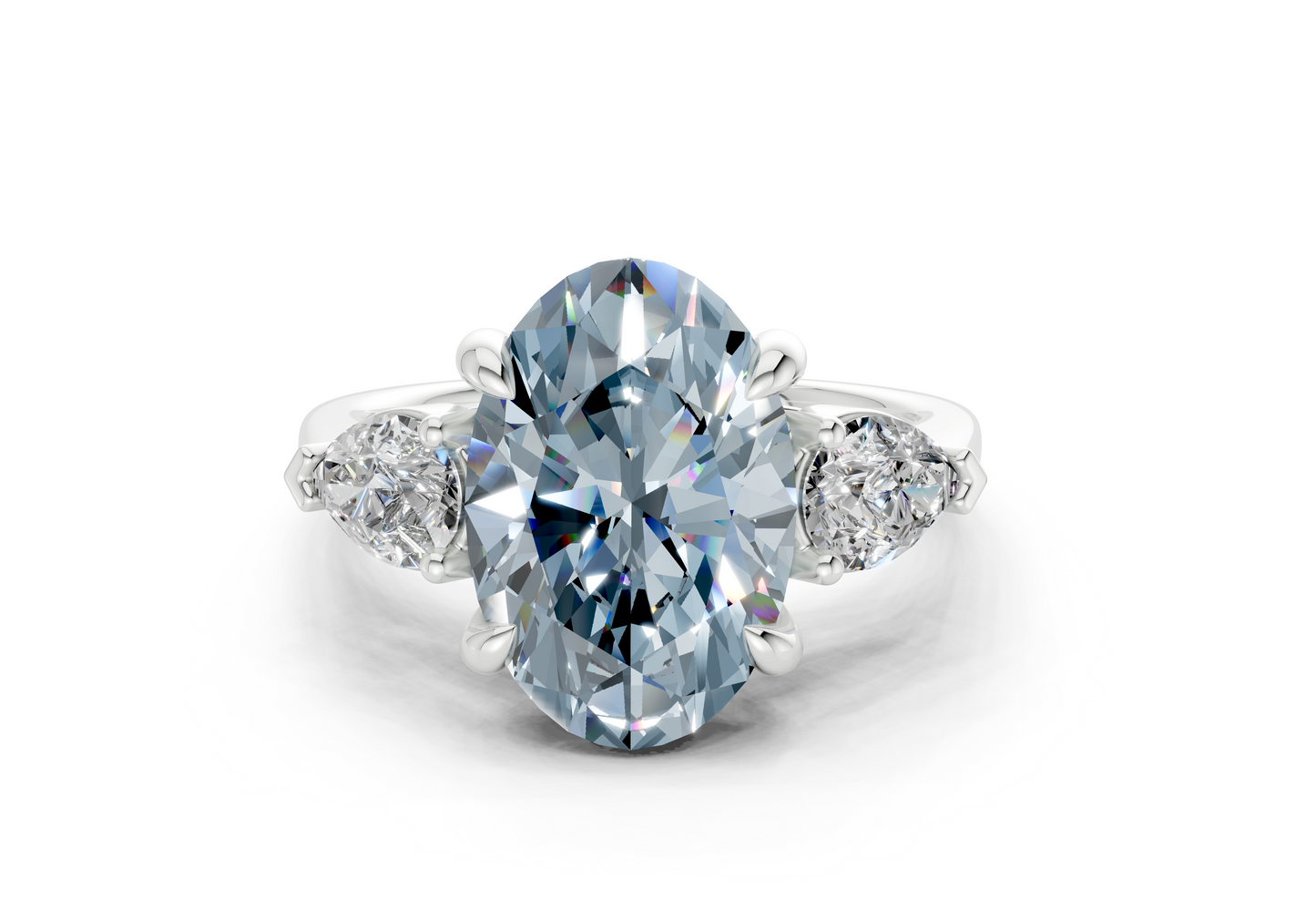 Vine Blue Diamond Three Stone Oval Cut 1.8mm Engagement Ring