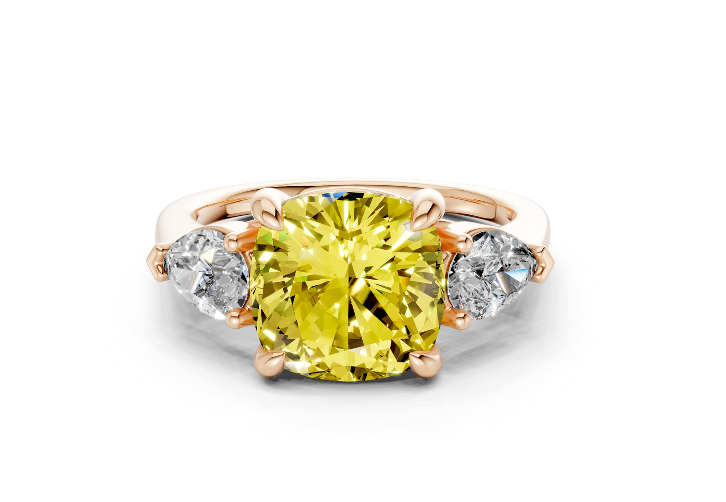 Vine Yellow Diamond Three Stone Cushion Square Cut 1.8mm Engagement Ring