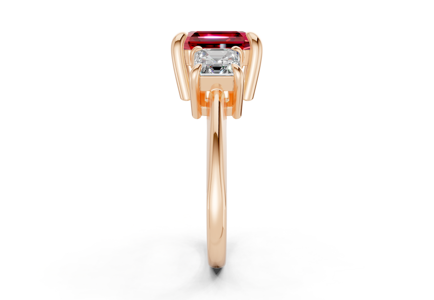 Valencia Ruby Gemstone Three Stone Asscher Cut 2mm Engagement Ring