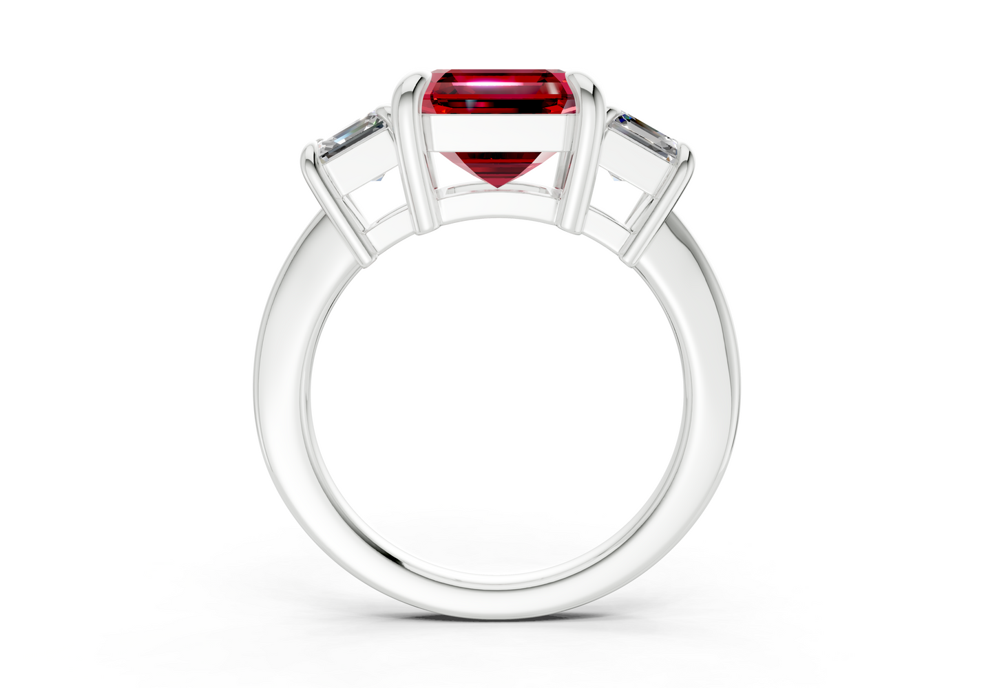 Valencia Ruby Gemstone Three Stone Asscher Cut 2mm Engagement Ring