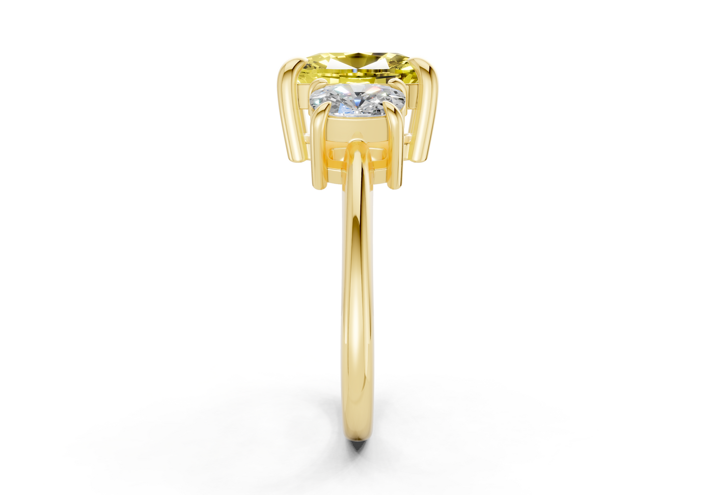 Valencia Yellow Diamond Three Stone Elongated Cushion Cut 2mm Engagement Ring