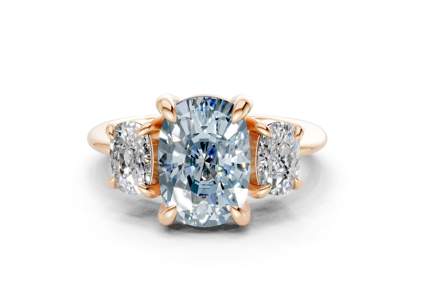Valencia Blue Diamond Three Stone Elongated Cushion Cut 2mm Engagement Ring
