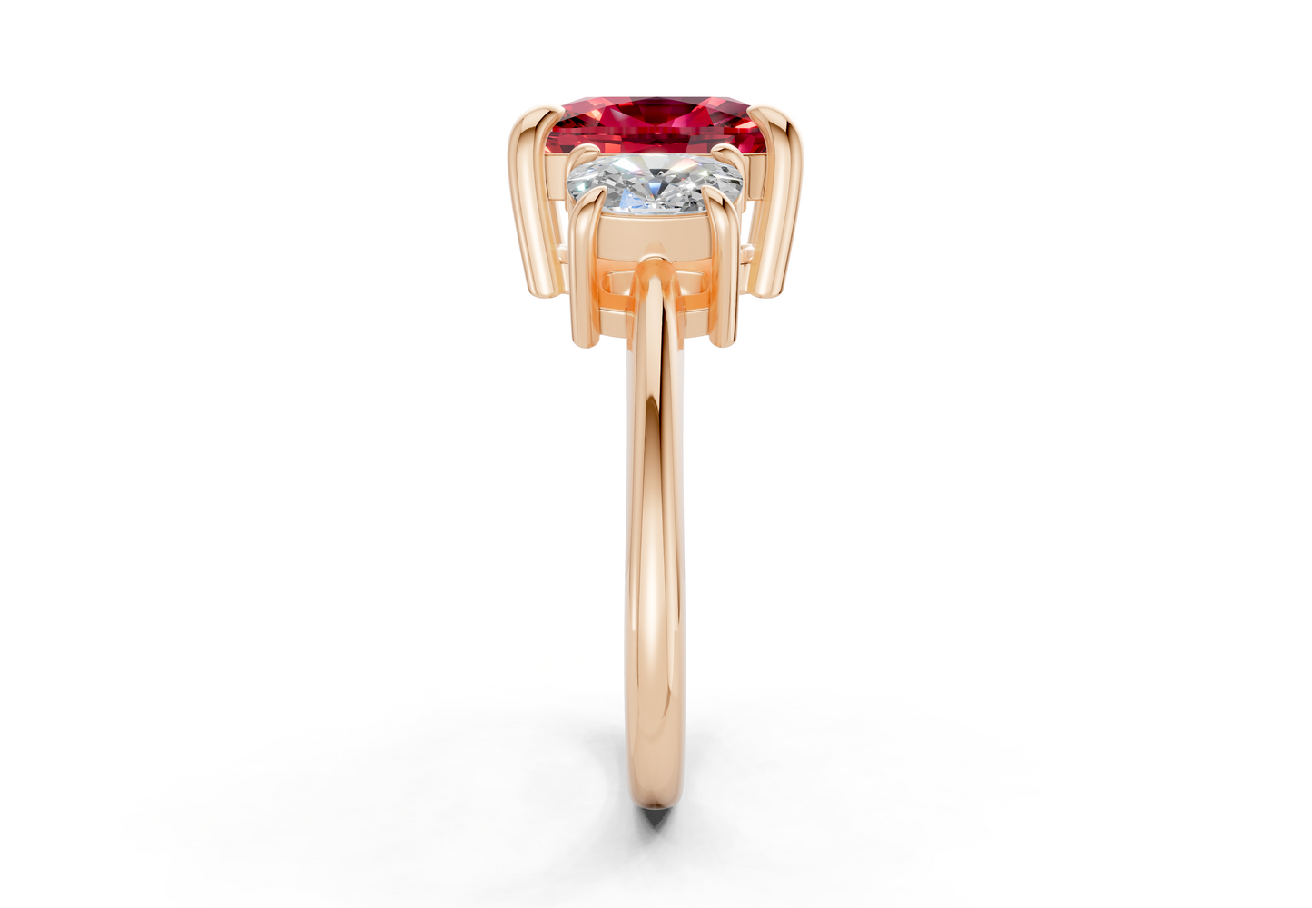 Valencia Ruby Gemstone Three Stone Elongated Cushion Cut 2mm Engagement Ring