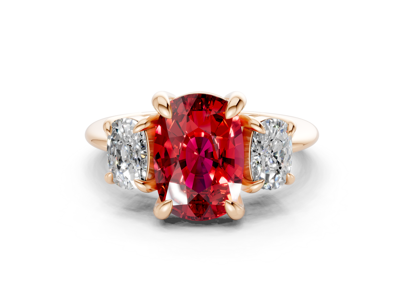 Valencia Ruby Gemstone Three Stone Elongated Cushion Cut 2mm Engagement Ring