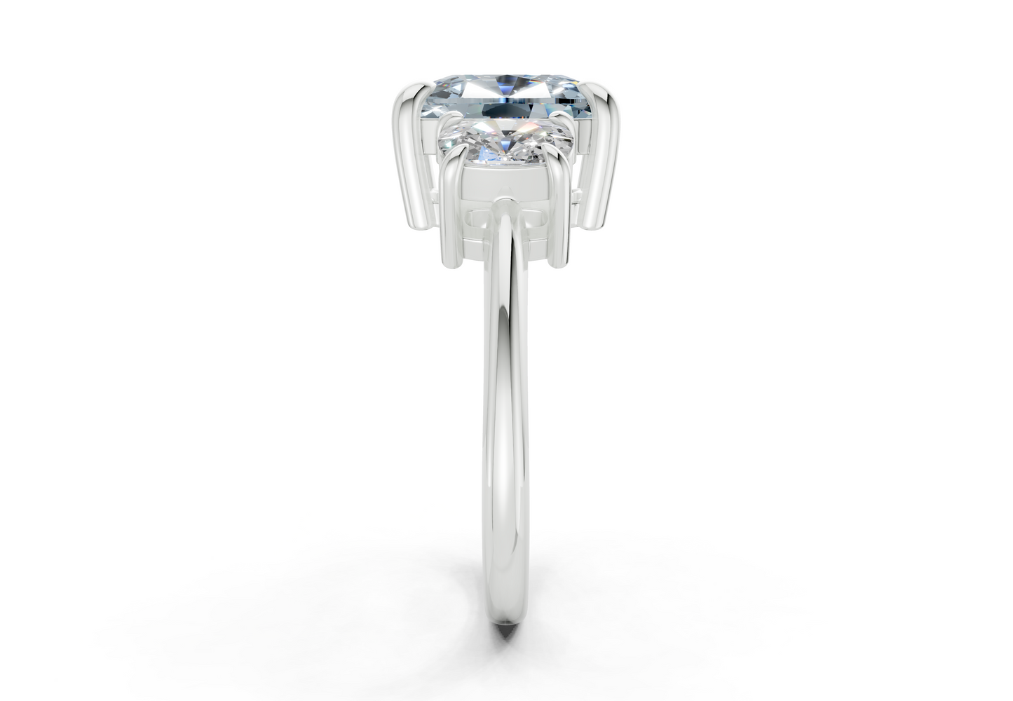 Valencia Blue Diamond Three Stone Elongated Cushion Cut 2mm Engagement Ring