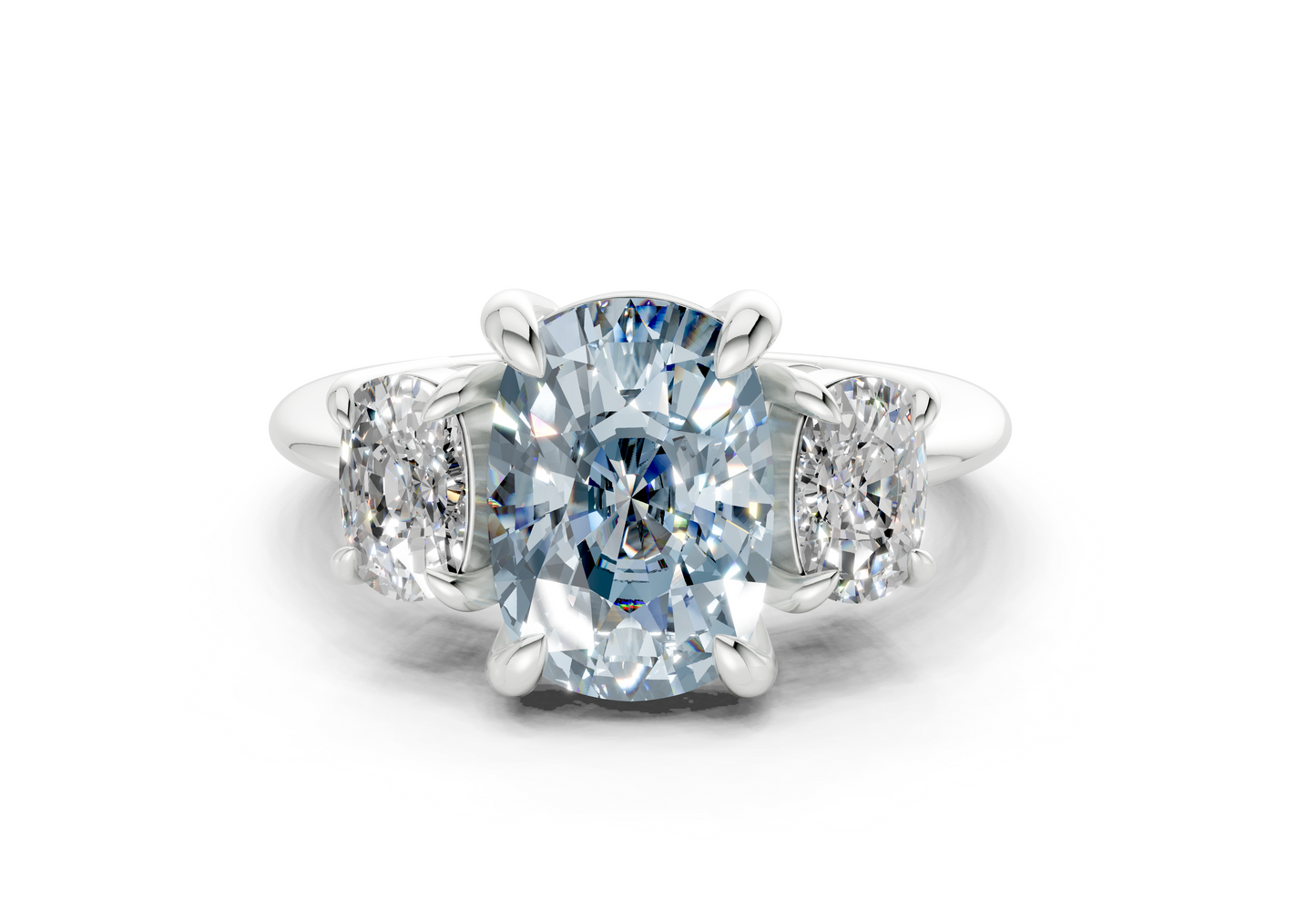 Valencia Blue Diamond Three Stone Elongated Cushion Cut 2mm Engagement Ring