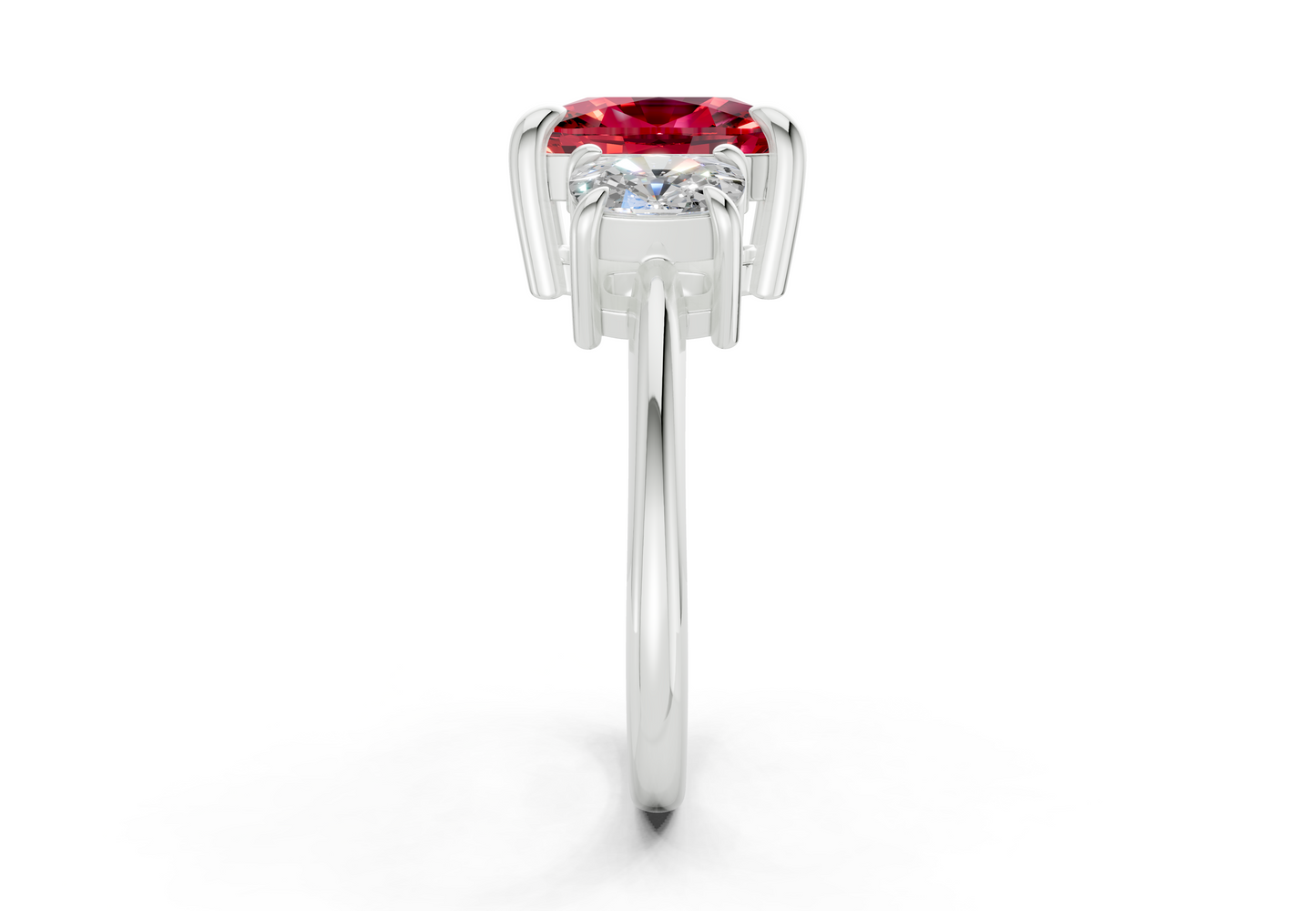 Valencia Ruby Gemstone Three Stone Elongated Cushion Cut 2mm Engagement Ring
