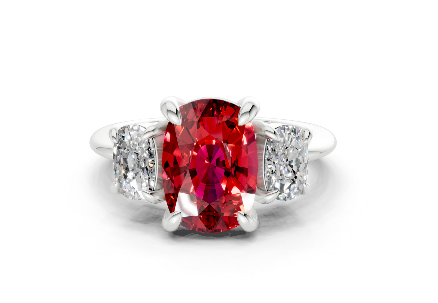 Valencia Ruby Gemstone Three Stone Elongated Cushion Cut 2mm Engagement Ring