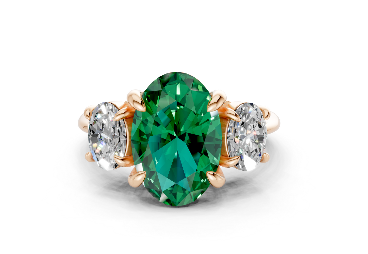 Valencia Emerald Gemstone Three Stone Oval Cut 2mm Engagement Ring