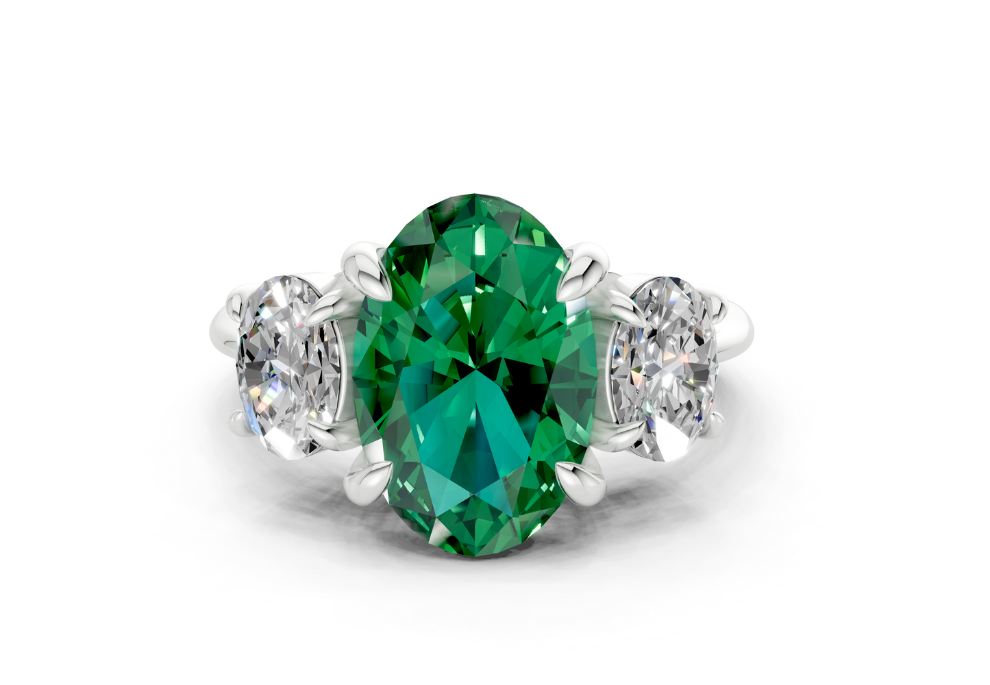 Valencia Emerald Gemstone Three Stone Oval Cut 2mm Engagement Ring