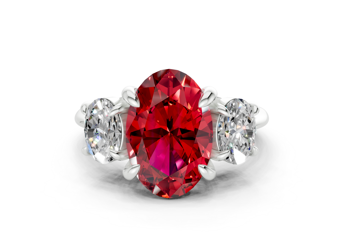 Valencia Ruby Gemstone Three Stone Oval Cut 2mm Engagement Ring