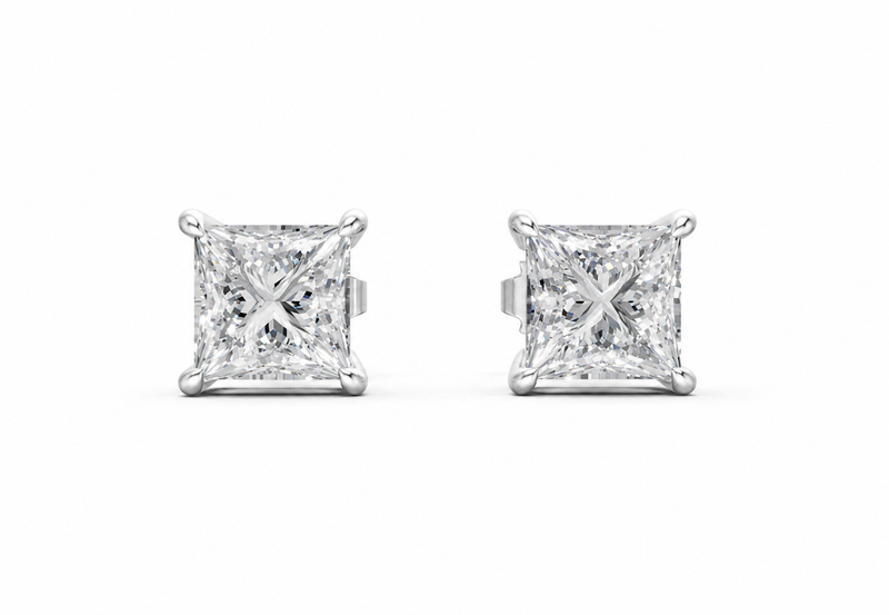 3.03 ct tw Princess Cut Lab-Grown Diamond Stud Earrings, 18K White Gold - Geneva 4-Prong Basket, Screw-back