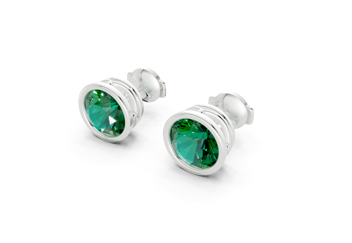 Solane Emerald Gemstone Round Cut Bezel Cut Studs