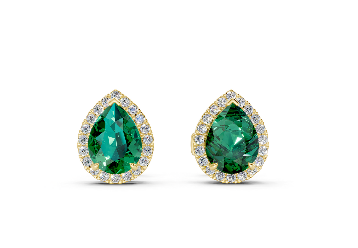Marseille Halo Emerald Gemstone Pear Cut Studs