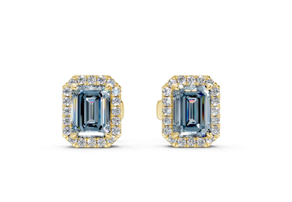 Marseille Halo Blue Diamond Emerald Cut Studs