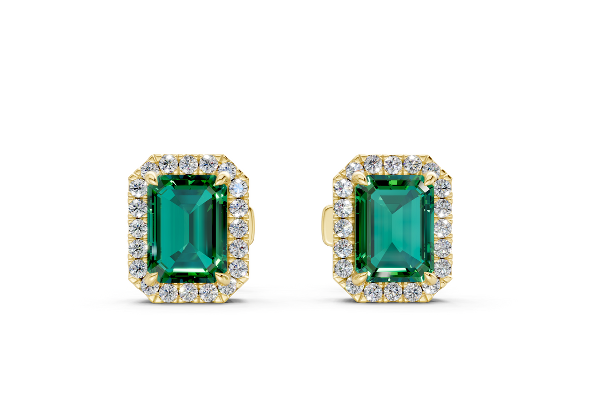 Marseille Halo Emerald Gemstone Emerald Cut Studs