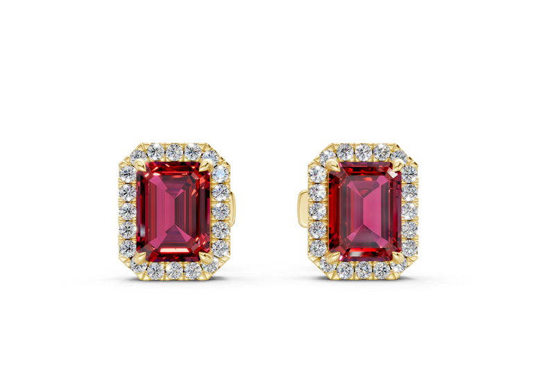 Marseille Halo Ruby Gemstone Emerald Cut Studs