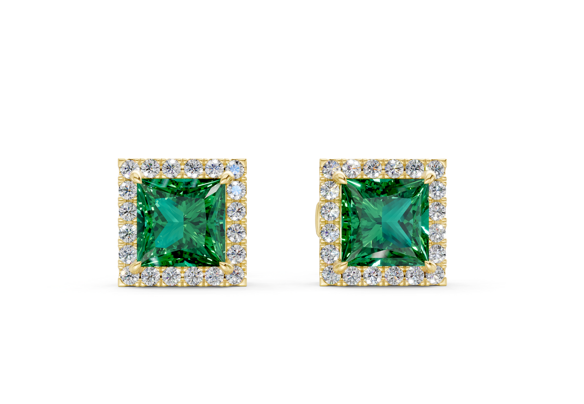 Marseille Halo Emerald Gemstone Princess Cut Studs