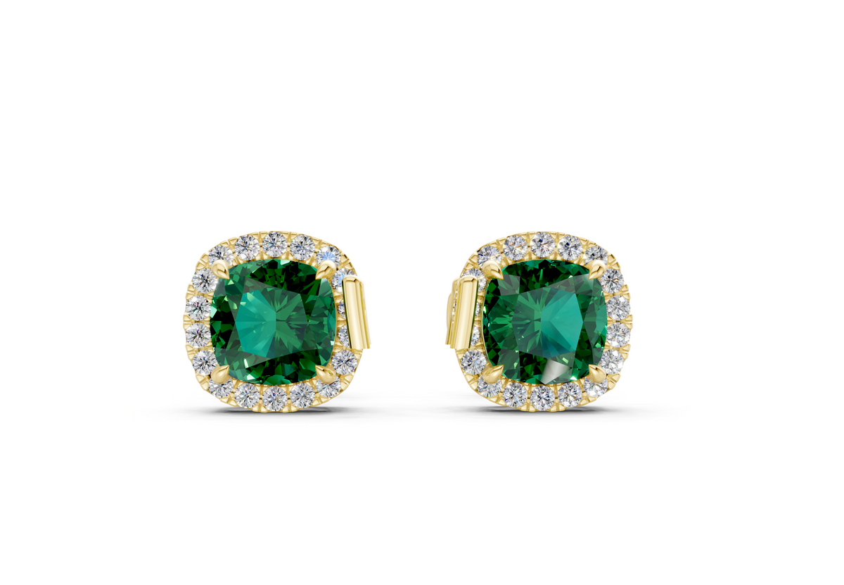 Marseille Halo Emerald Gemstone Cushion Cut Studs