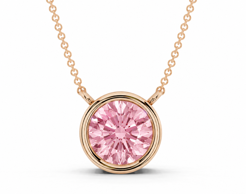 1.91 ct Fancy Vivid Pink Round Lab-Grown Diamond Bezel-Set Solitaire Necklace, 14K Rose Gold, 16-18