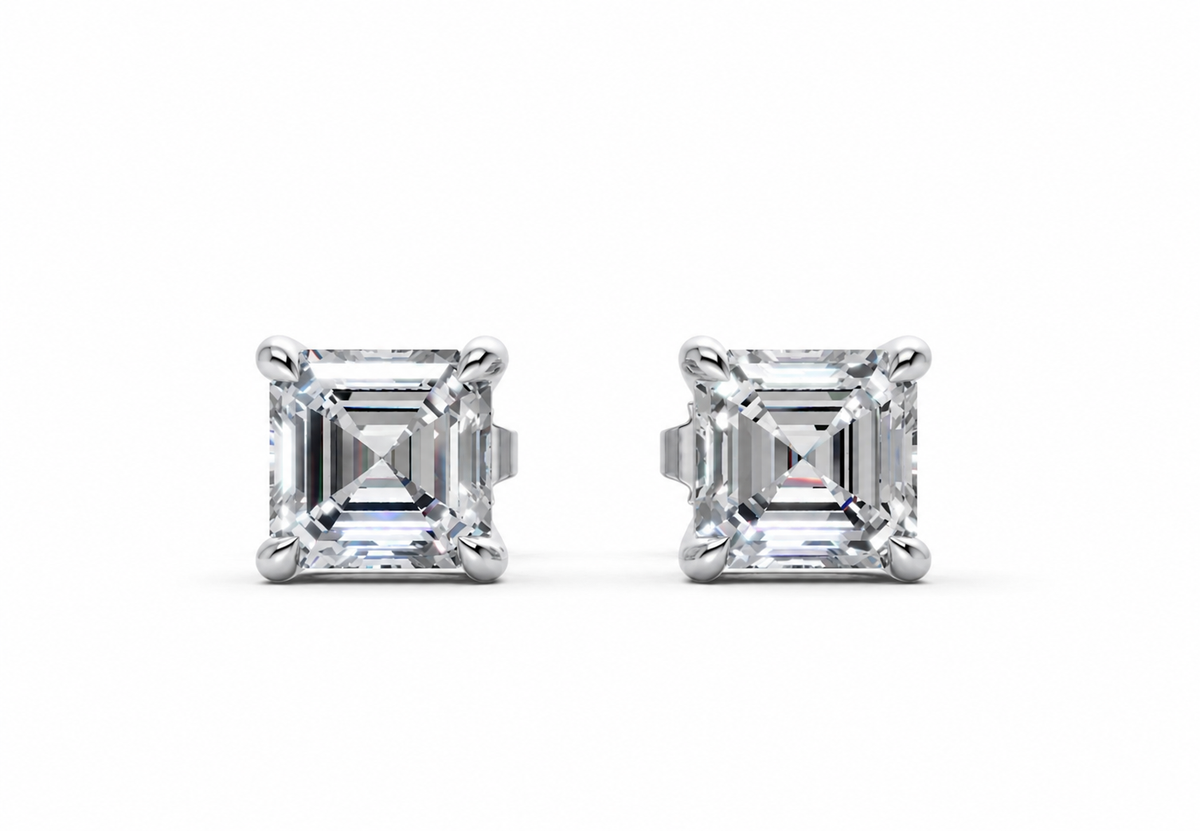 2.02 ct tw Asscher Lab-Grown Diamond Stud Earrings, 14K White Gold - Geneva 4-Prong Basket, Screw-back