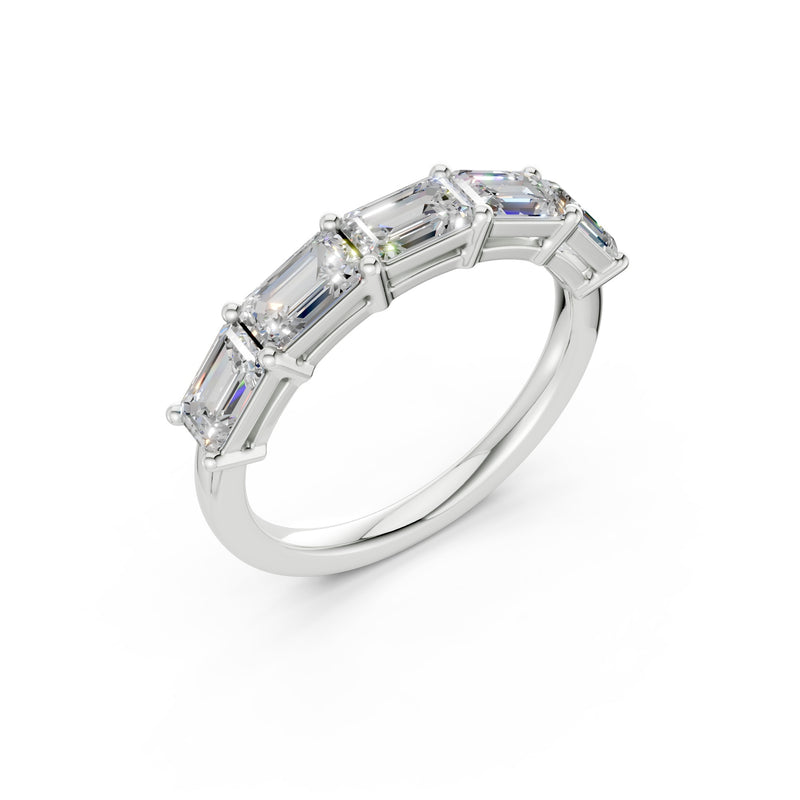 emerald five-stone halfway lab diamond band closeup in white gold