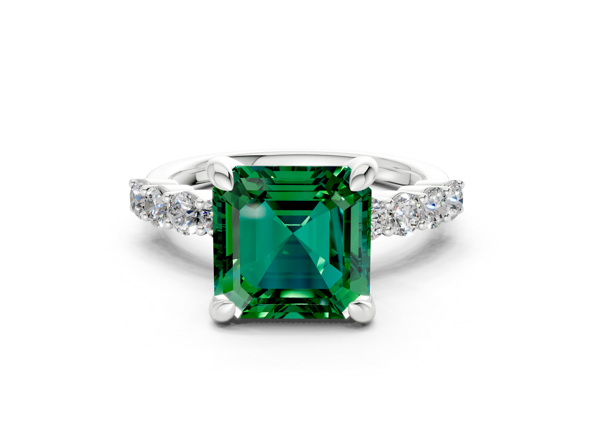 Arabella Emerald Gemstone Accent Asscher Cut 2mm Engagement Ring