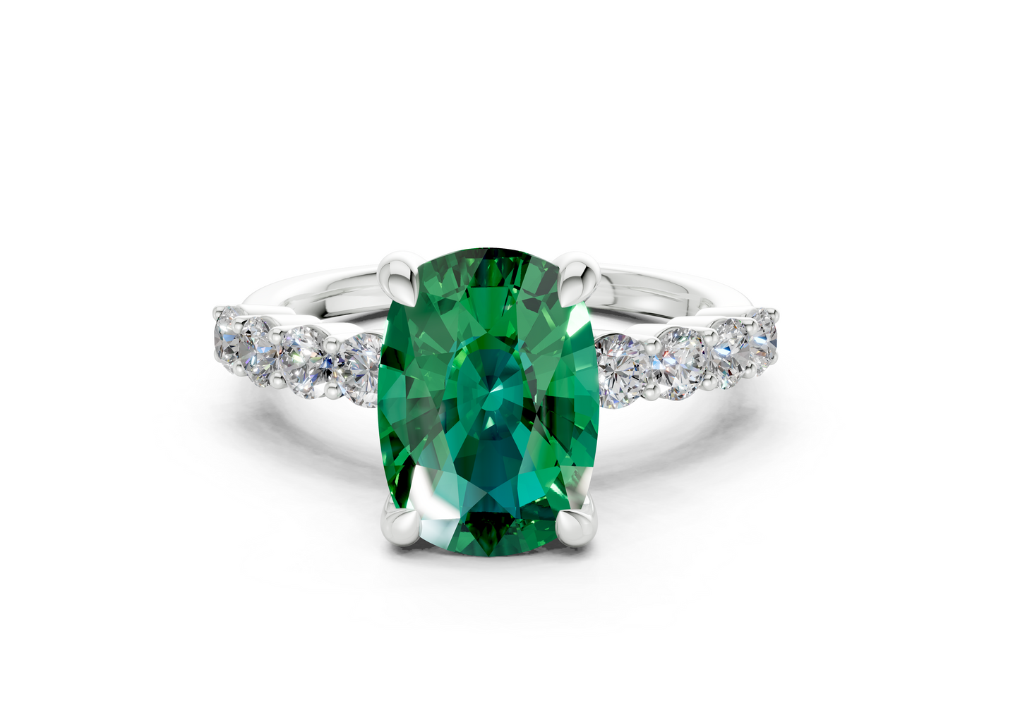 Arabella Emerald Gemstone Accent Elongated Cushion Cut 2mm Engagement Ring