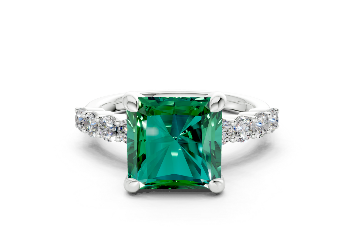 Arabella Emerald Gemstone Accent Radiant Square Cut 2mm Engagement Ring