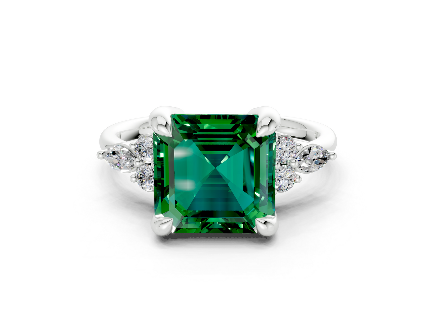 Lyra Emerald Gemstone Accent Asscher Cut 1.8mm Engagement Ring