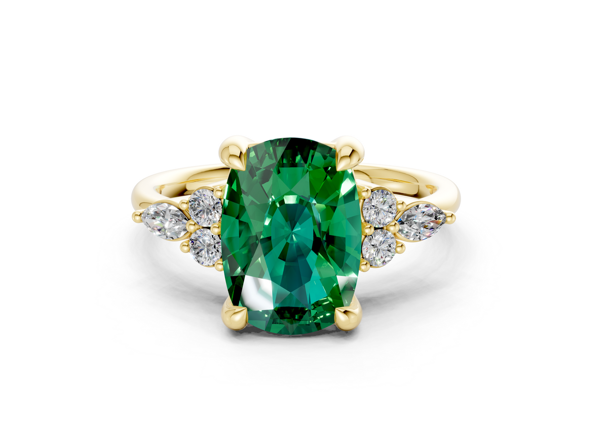 Lyra Emerald Gemstone Accent Elongated Cushion Cut 1.8mm Engagement Ring