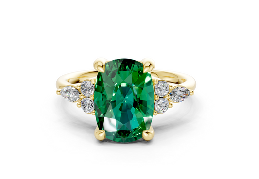 Lyra Emerald Gemstone Accent Elongated Cushion Cut 2.3mm Engagement Ring