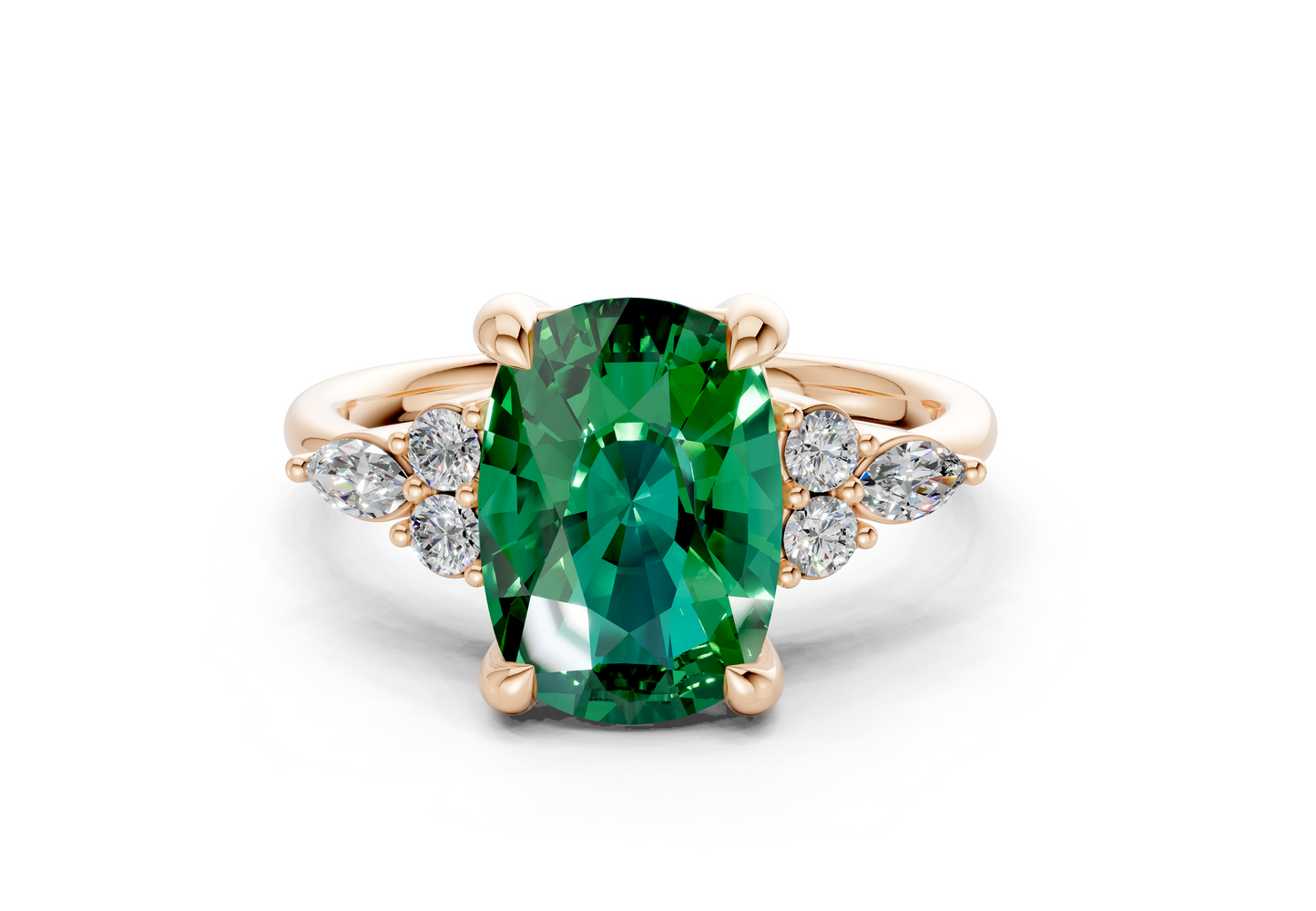 Lyra Emerald Gemstone Accent Elongated Cushion Cut 1.8mm Engagement Ring