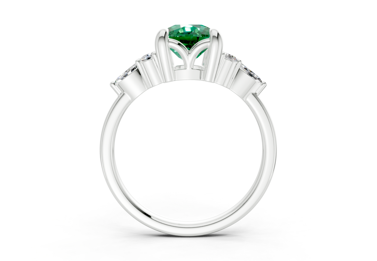 Lyra Emerald Gemstone Accent Elongated Cushion Cut 2.3mm Engagement Ring