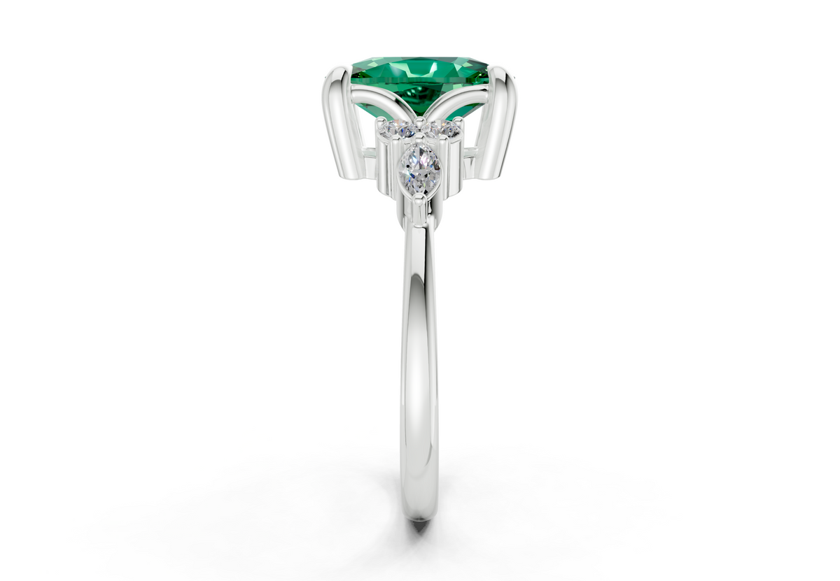 Lyra Emerald Gemstone Accent Elongated Cushion Cut 2mm Engagement Ring