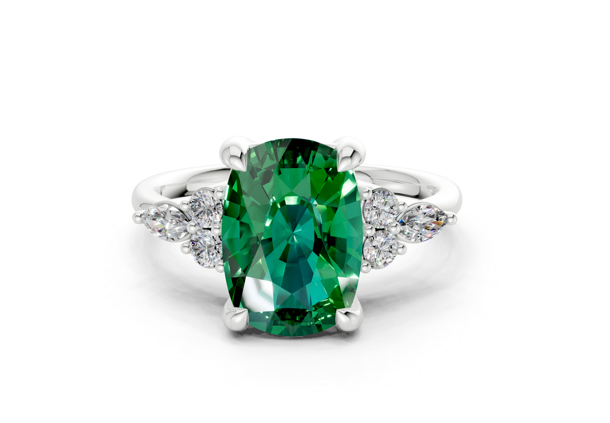 Lyra Emerald Gemstone Accent Elongated Cushion Cut 2mm Engagement Ring