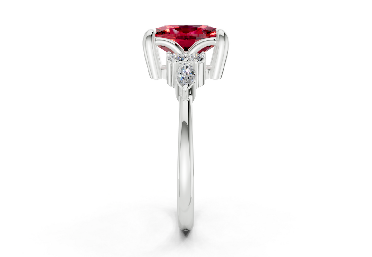 Lyra Ruby Gemstone Accent Elongated Cushion Cut 1.8mm Engagement Ring