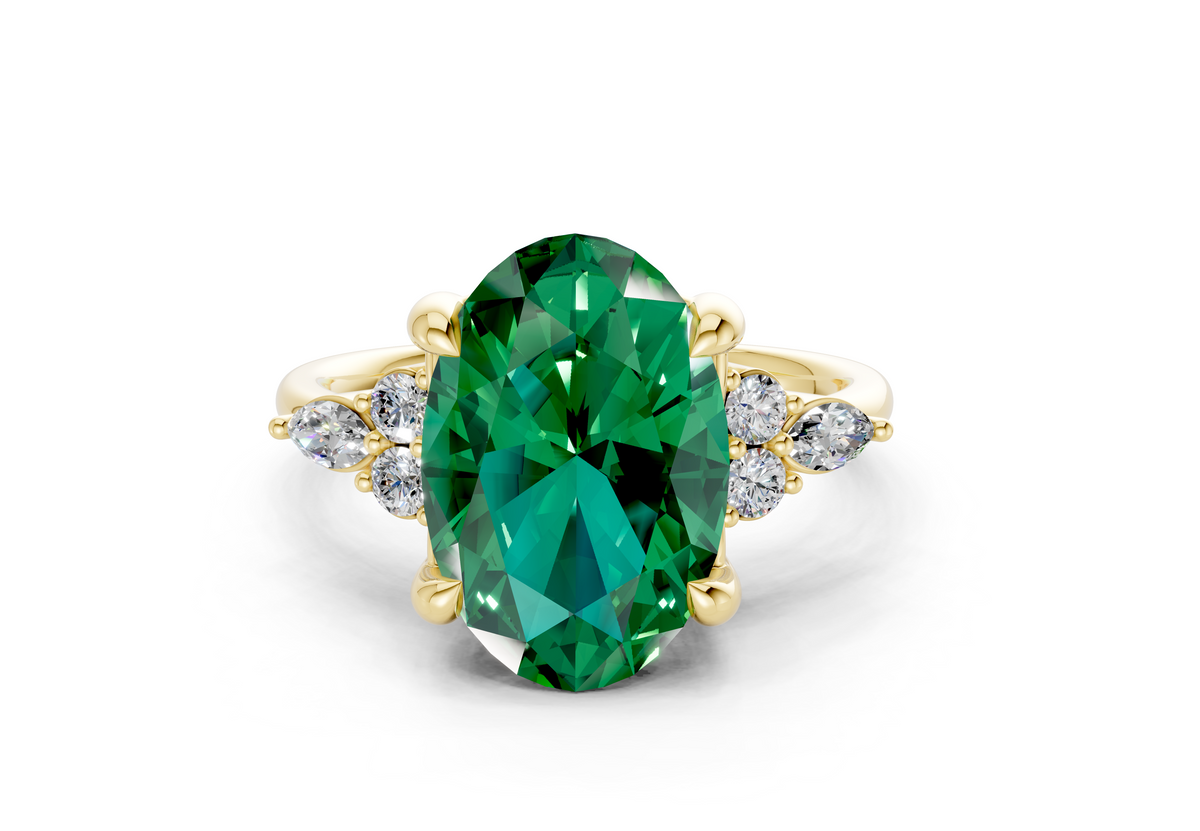 Lyra Emerald Gemstone Accent Oval Cut 1.8mm Engagement Ring