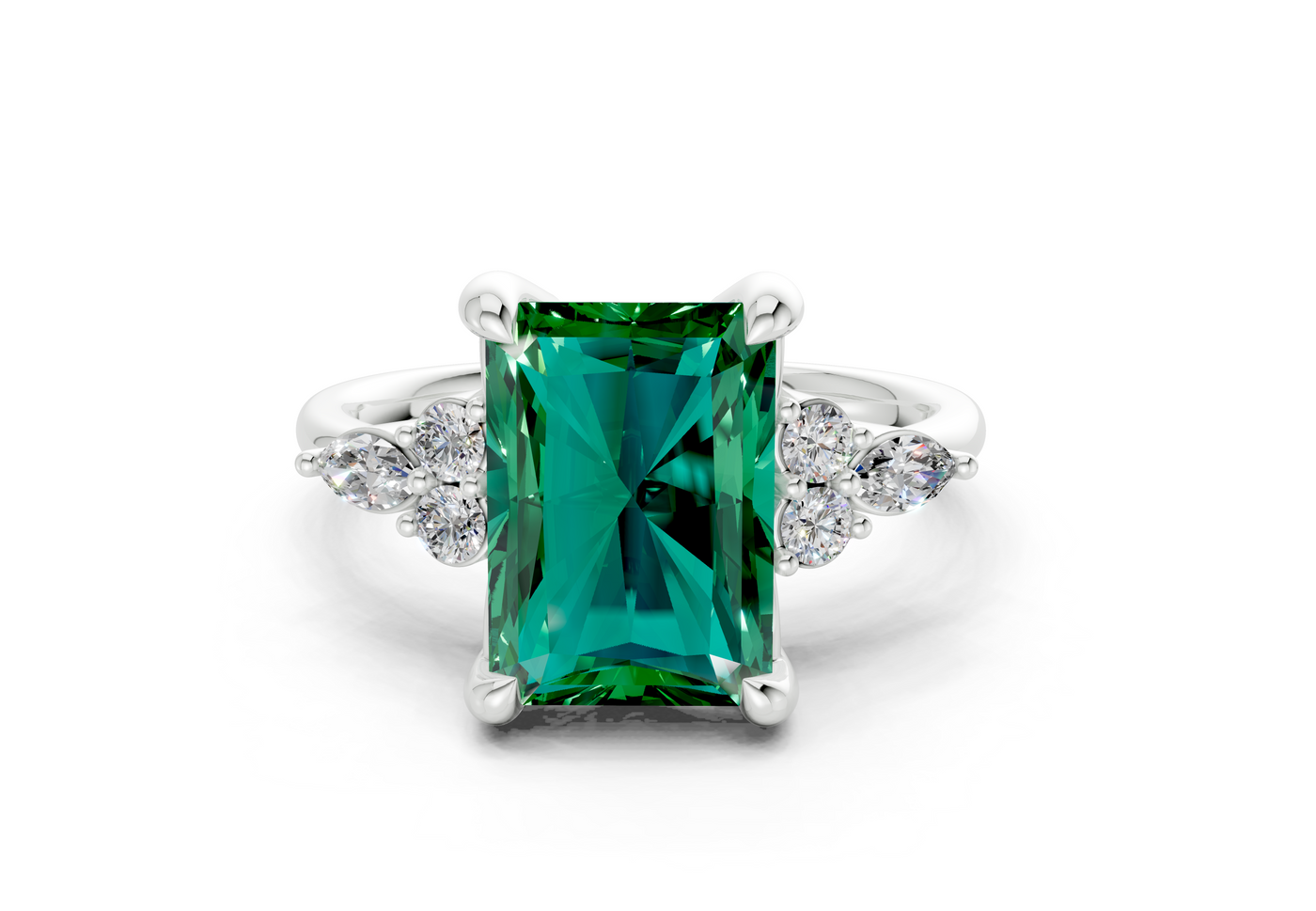 Lyra Emerald Gemstone Accent Radiant Cut 1.8mm Engagement Ring