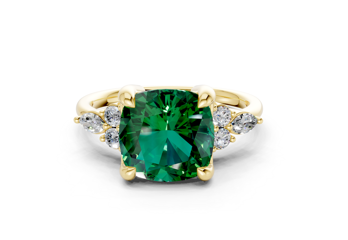 Lyra Emerald Gemstone Accent Cushion Square Cut 2.3mm Engagement Ring