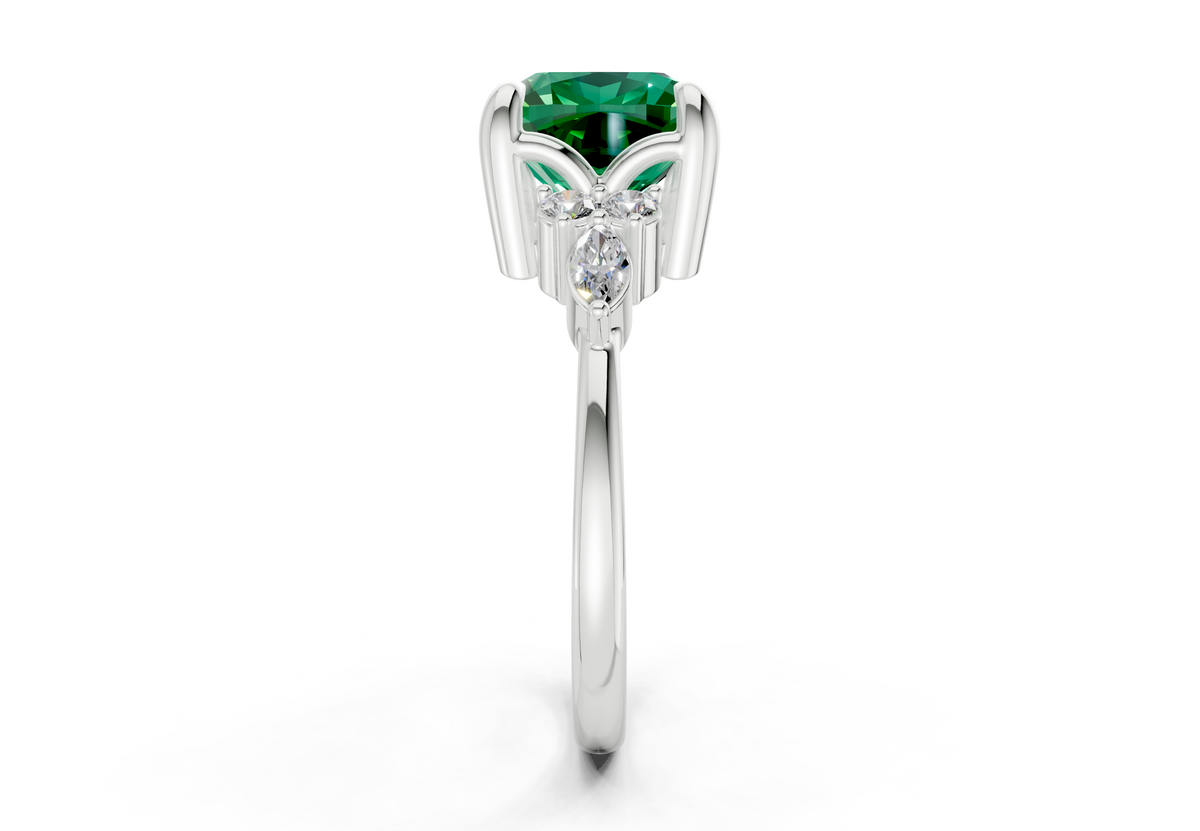 Lyra Emerald Gemstone Accent Cushion Square Cut 2mm Engagement Ring