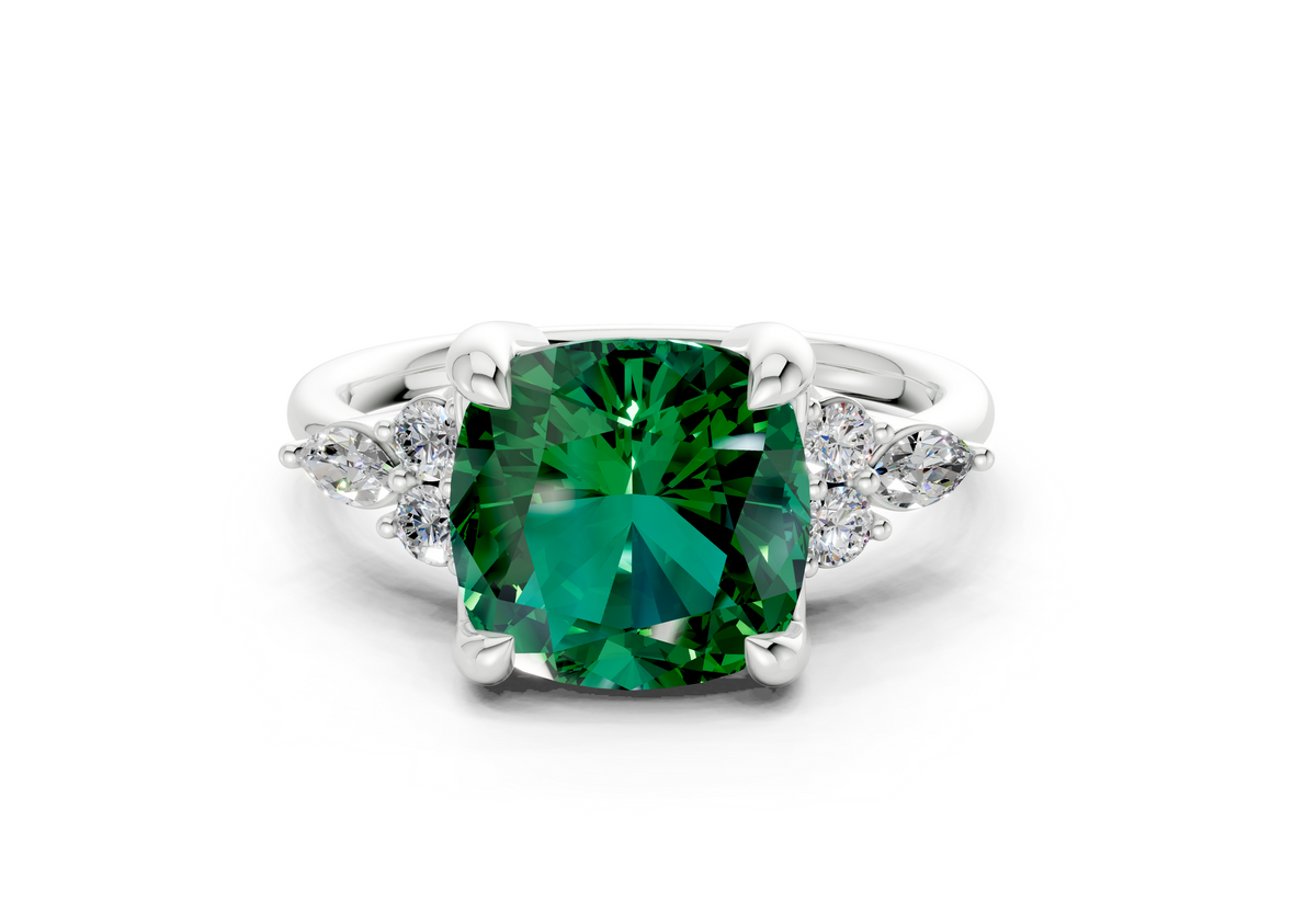 Lyra Emerald Gemstone Accent Cushion Square Cut 1.8mm Engagement Ring