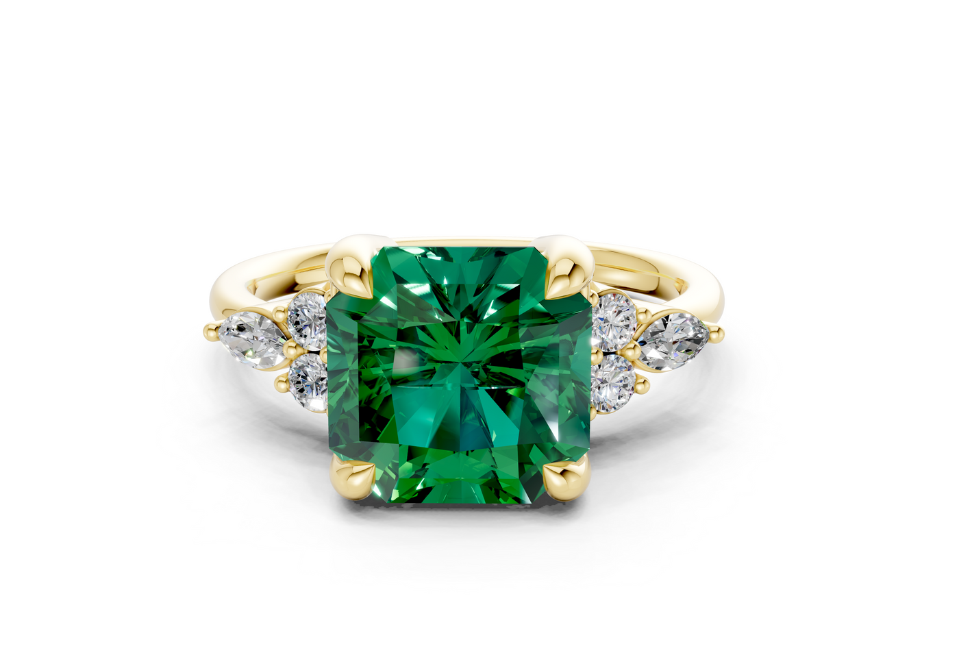 Lyra Emerald Gemstone Accent Radiant Square Cut 2.3mm Engagement Ring