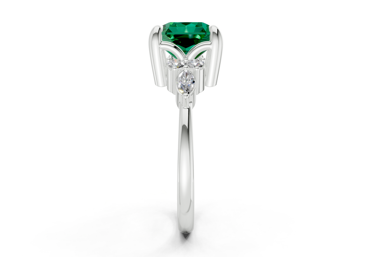 Lyra Emerald Gemstone Accent Radiant Square Cut 1.8mm Engagement Ring
